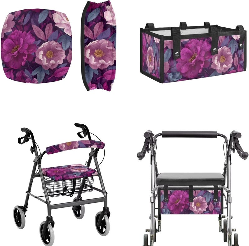 LedBack Universal Rollator Walker Seat and Backrest Covers Rollator Cover Walker Accessories Sets for Seniors Durable Underseat Pouch Tote, Purple Floral Leaves - Image 1